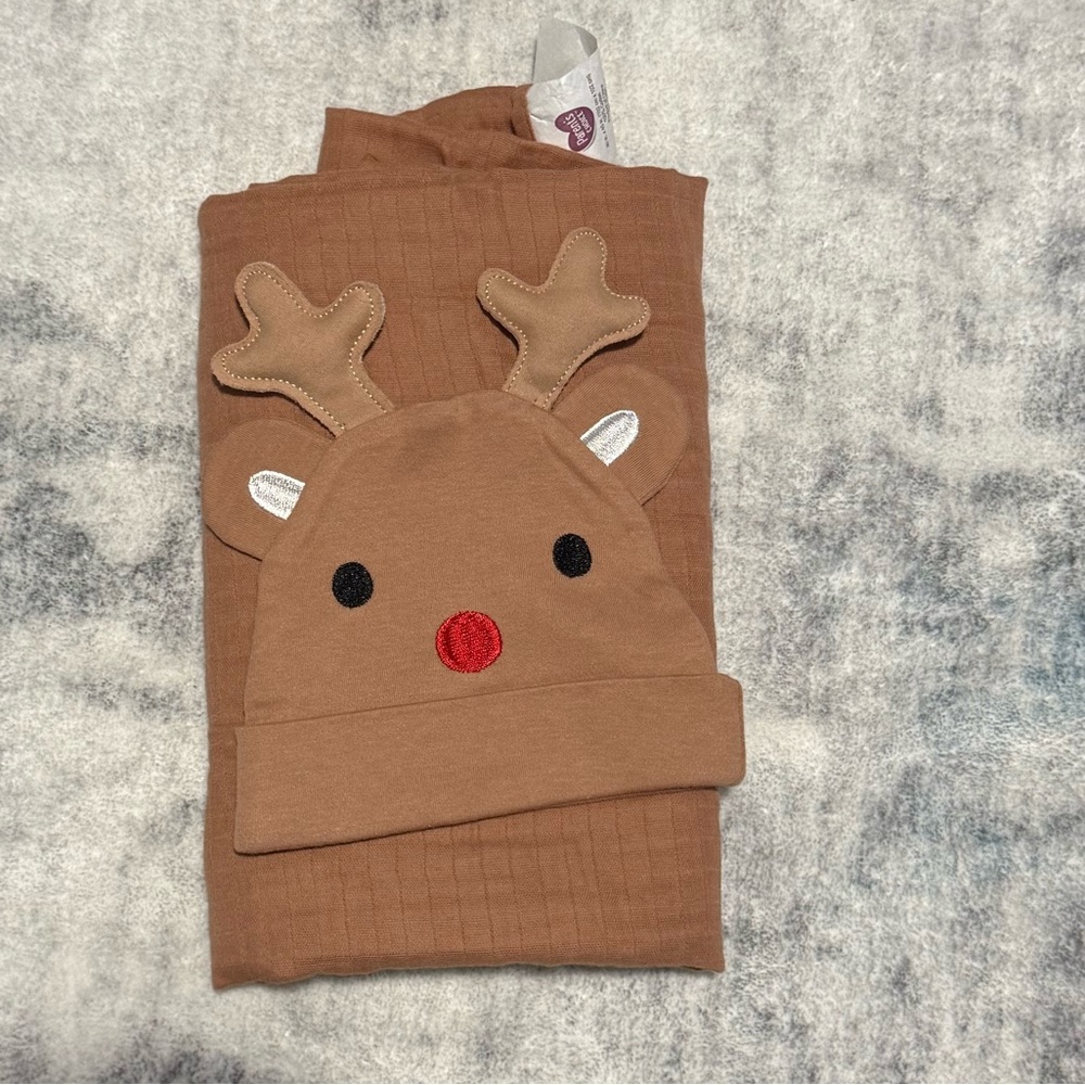Parent’s Choice Reindeer Brown Swaddle Blanket and Beanie